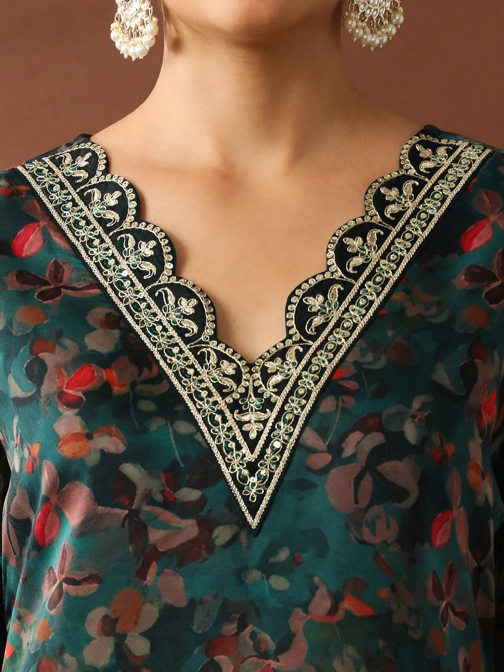 Floral Embroidered Straight Organza Kurta Sets