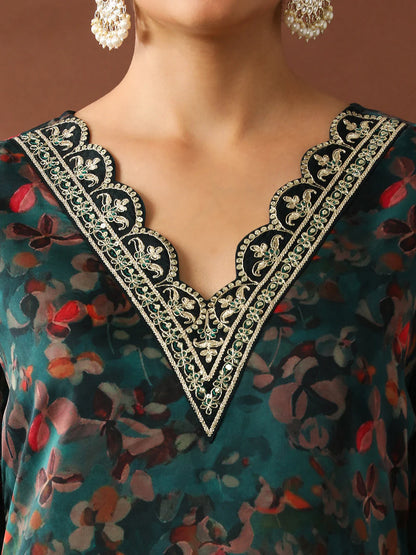 Floral Embroidered Straight Organza Kurta Sets