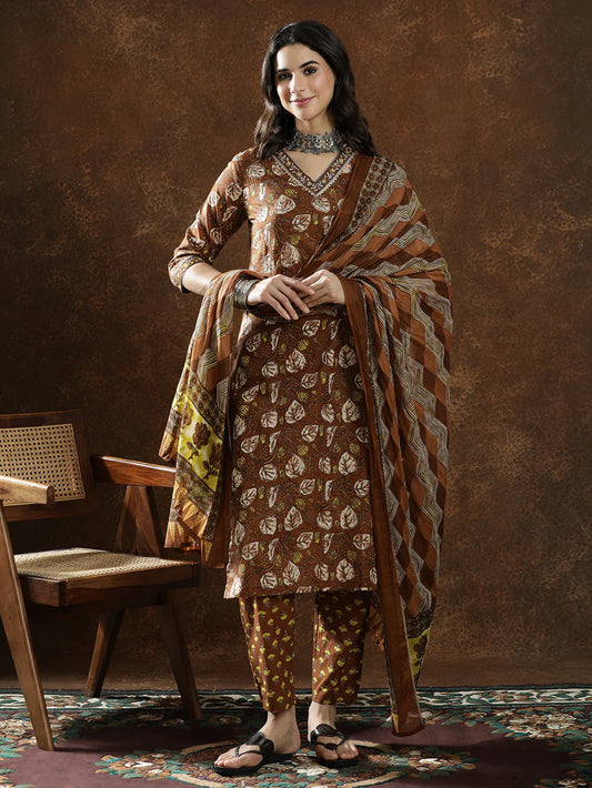 Floral Embroidered Straight Pure Cotton Kurta & Trousers Sets